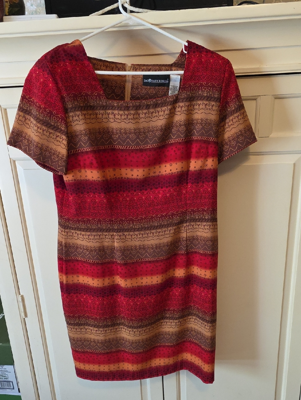 Sag Harbor Red and Brown Striped Short Sleeve Shift Dress